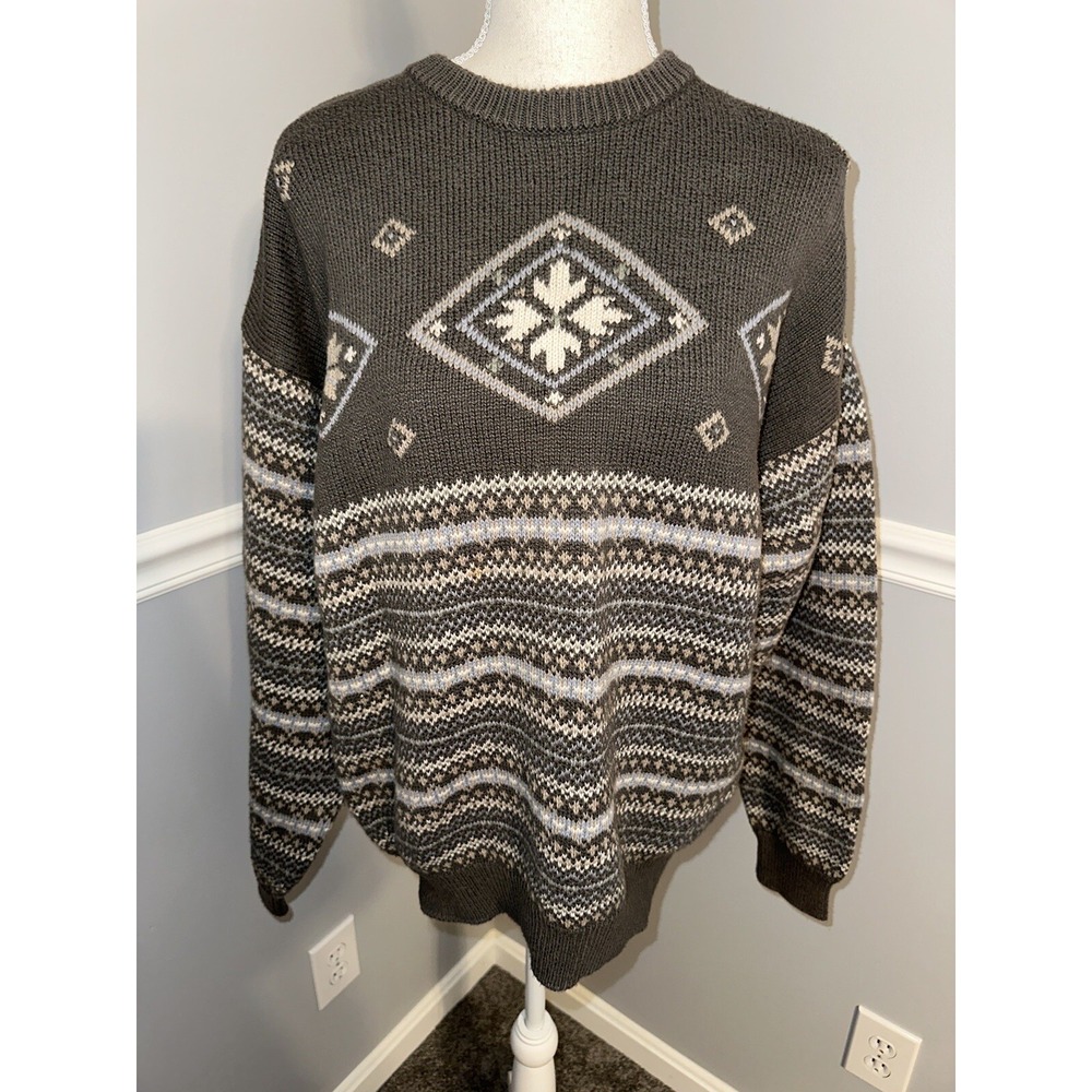 Claiborne Sweater Men Size L Selburose Pattern Winter Thick Knit 100%‎ Cotton